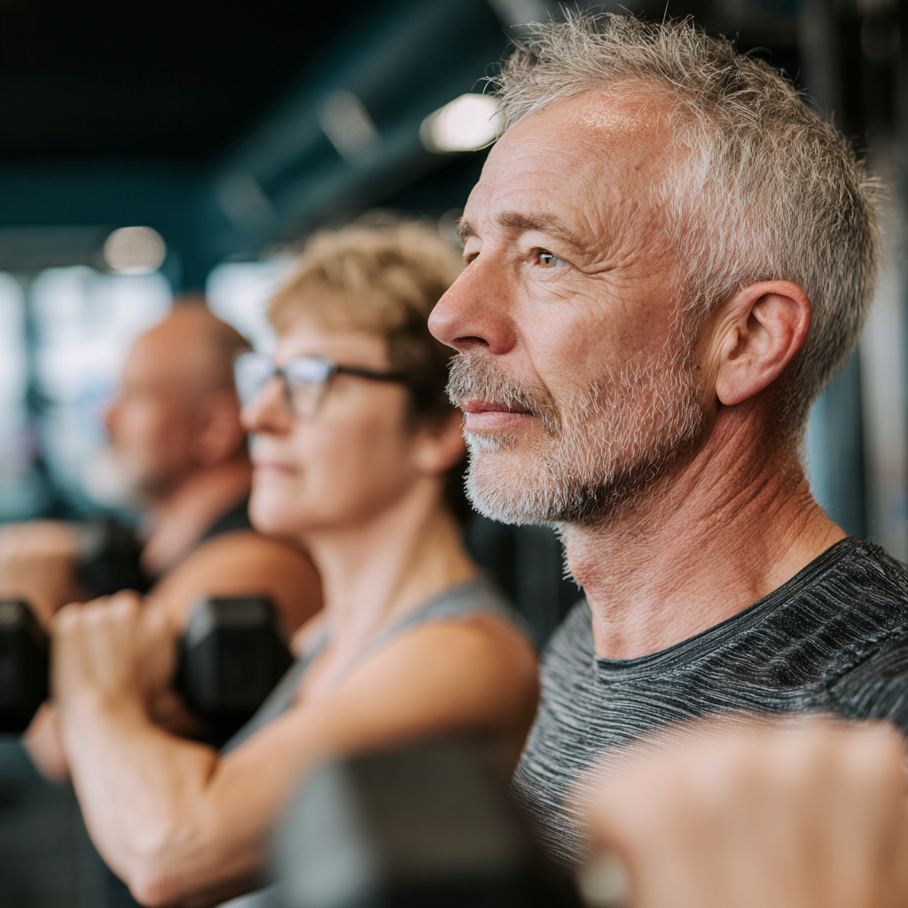 Група людей віком 50-60 років займається фітнесом у сучасному залі, демонструючи силу та витривалість