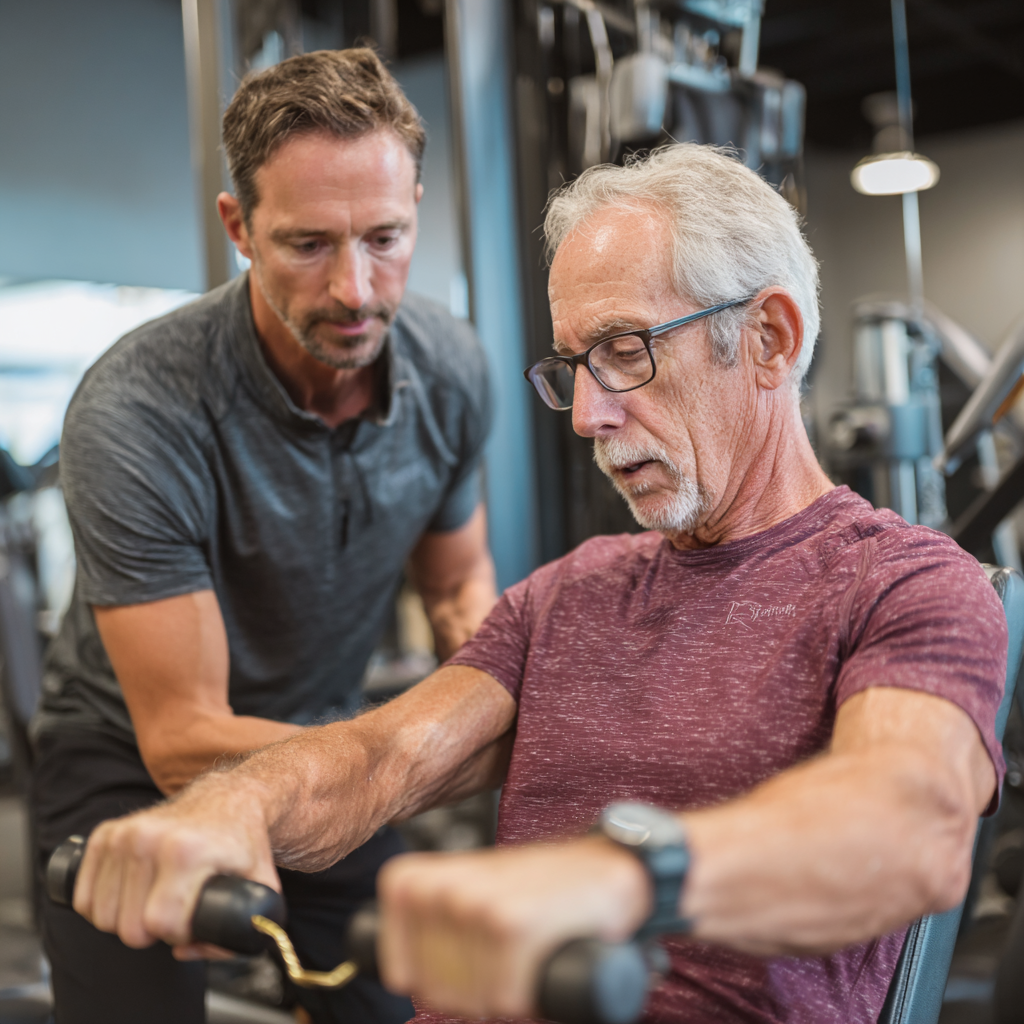 Персональний тренер працює з клієнтом віком 55 років, демонструючи індивідуальний підхід до тренувань