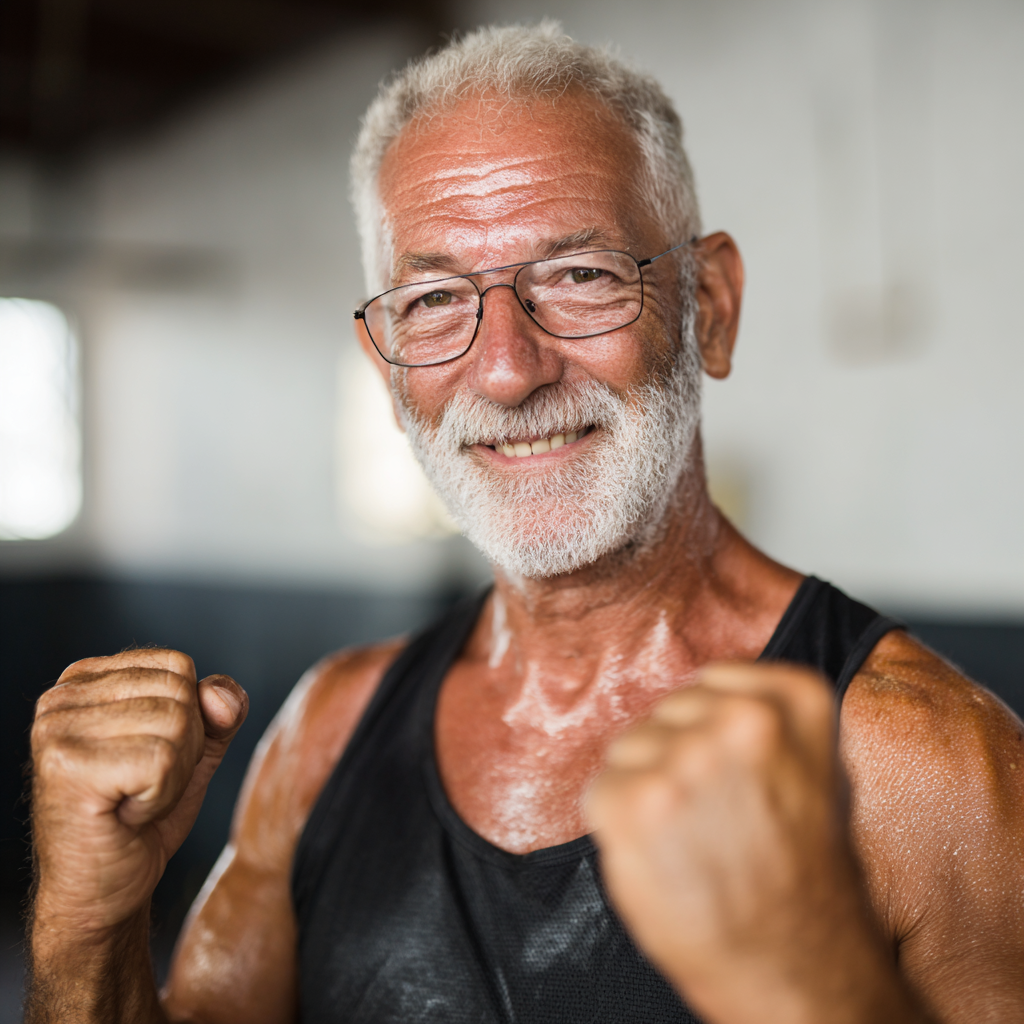 Задоволений чоловік віком 60 років після тренування, демонструє позитивний результат занять фітнесом